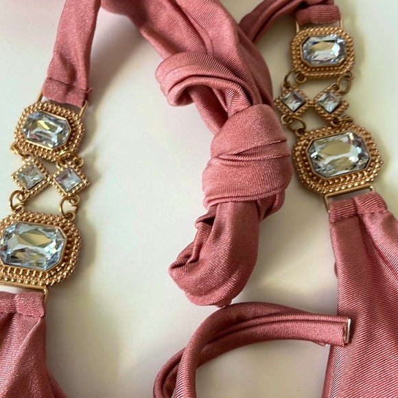NWT dusty rose rhinestone competition M XL triangle string scrunch jewels bikini - Picture 7 of 16